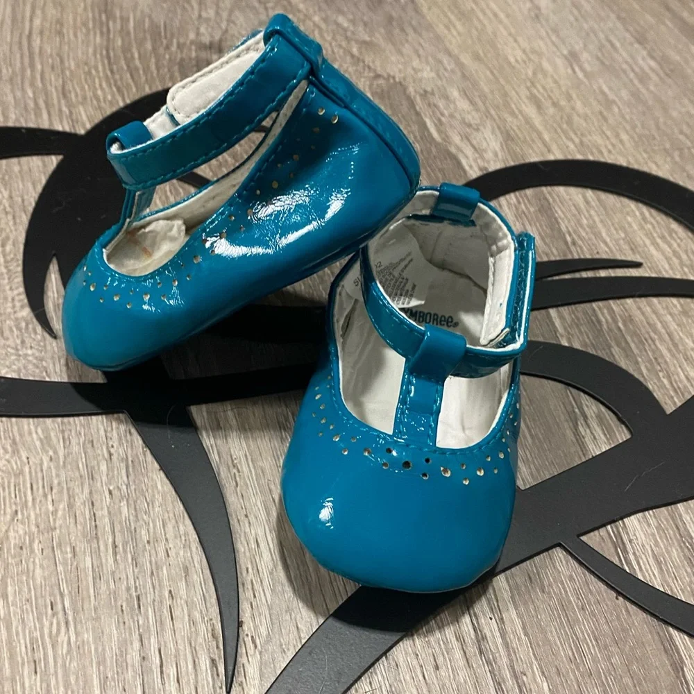 Gymboree Baby Girl Teal Patent Dress Shoes T-Strap Crawler Size 2 Velcro